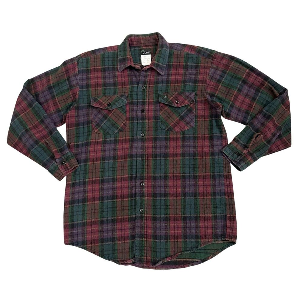 Vintage Codet Shirt Men's LT Green Purple Plaid Heavyweight Flannel Workwear USA